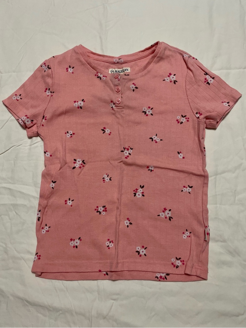 Magellan Outdoors Girls Floral Pointelle Henley Shirt Pink Size L (12-14)
